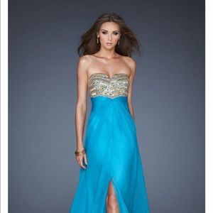 La Femme Turquoise & Gold Prom Dress